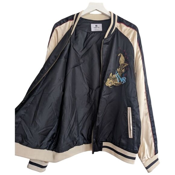 Standard Issue Embroidered Samurai Koi Fish Tokyo Bomber Jacket Cream Black Sz L - Picture 3 of 7